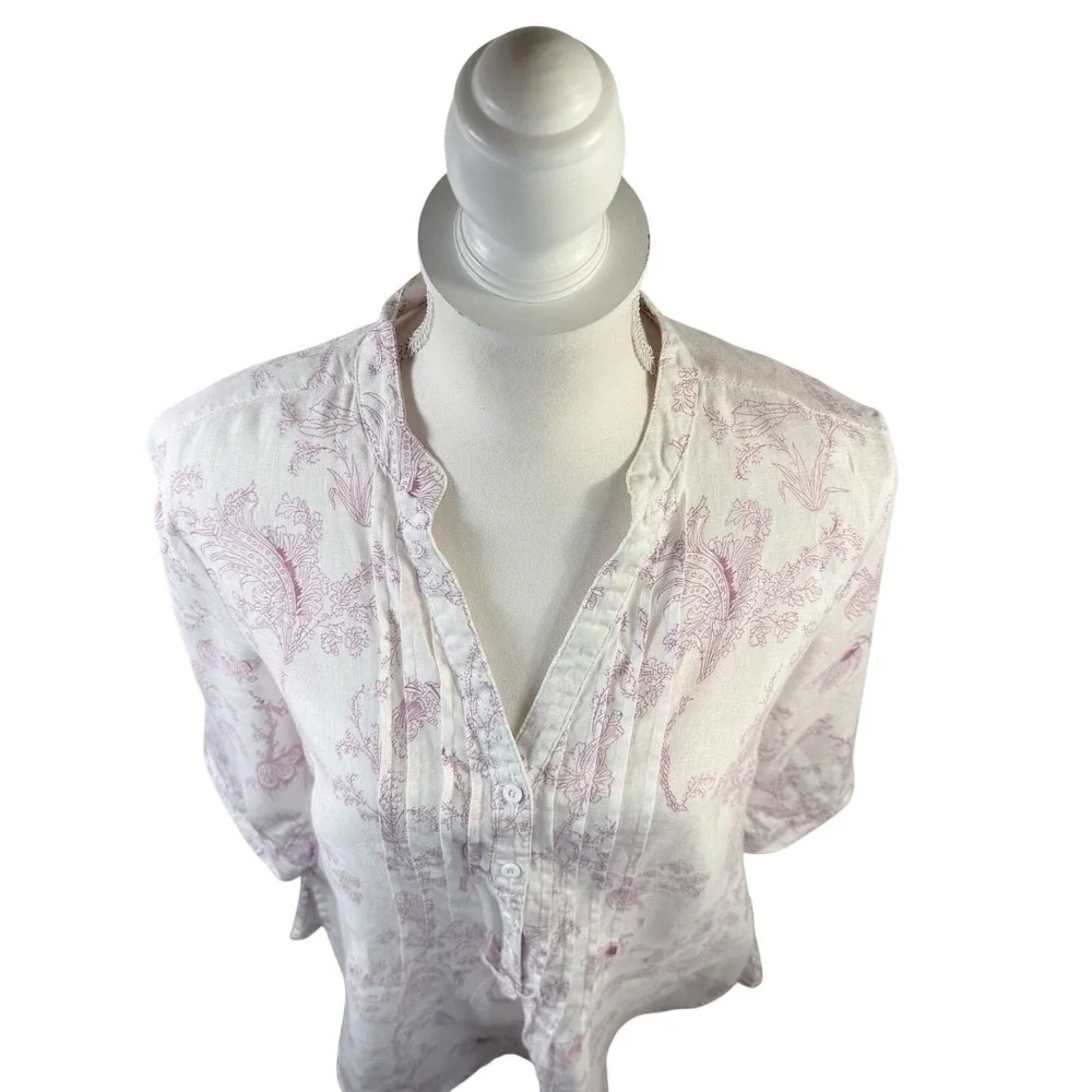 Malvin White Linen Purple Floral Notch Neck 3/4 Roll Tab Sleeve Tunic Top Medium